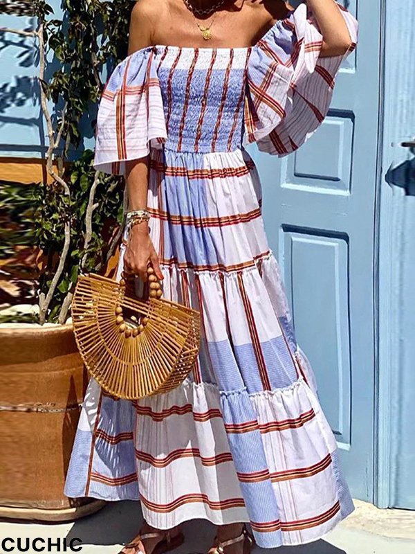 Loose Elasticity Falbala Pleated Off-The-Shoulder Maxi Dresses