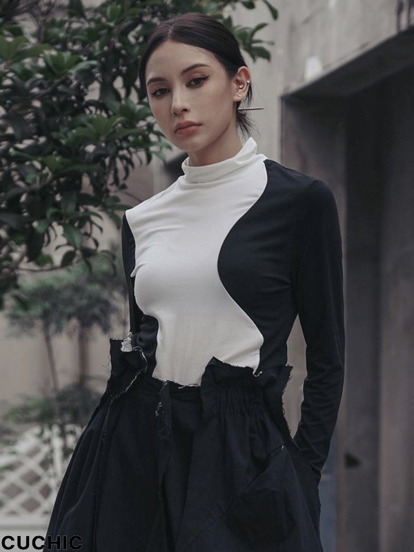 Urban Skinny Long Sleeves Contrast Color Asymmetric Split-Joint High-Neck T-Shirts Tops