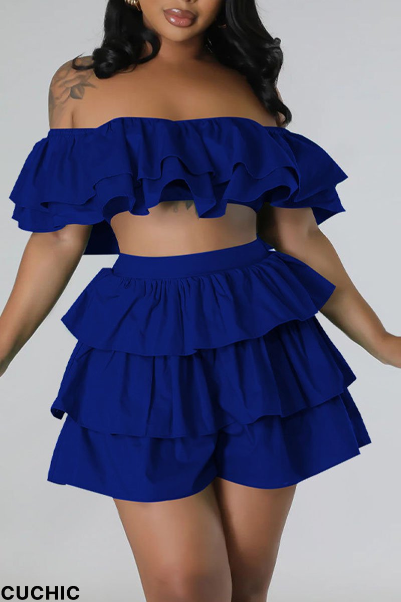 Blue Sexy Street Solid Patchwork Flounce Off the Shoulder Short Sleeve Two Pieces-CuChic