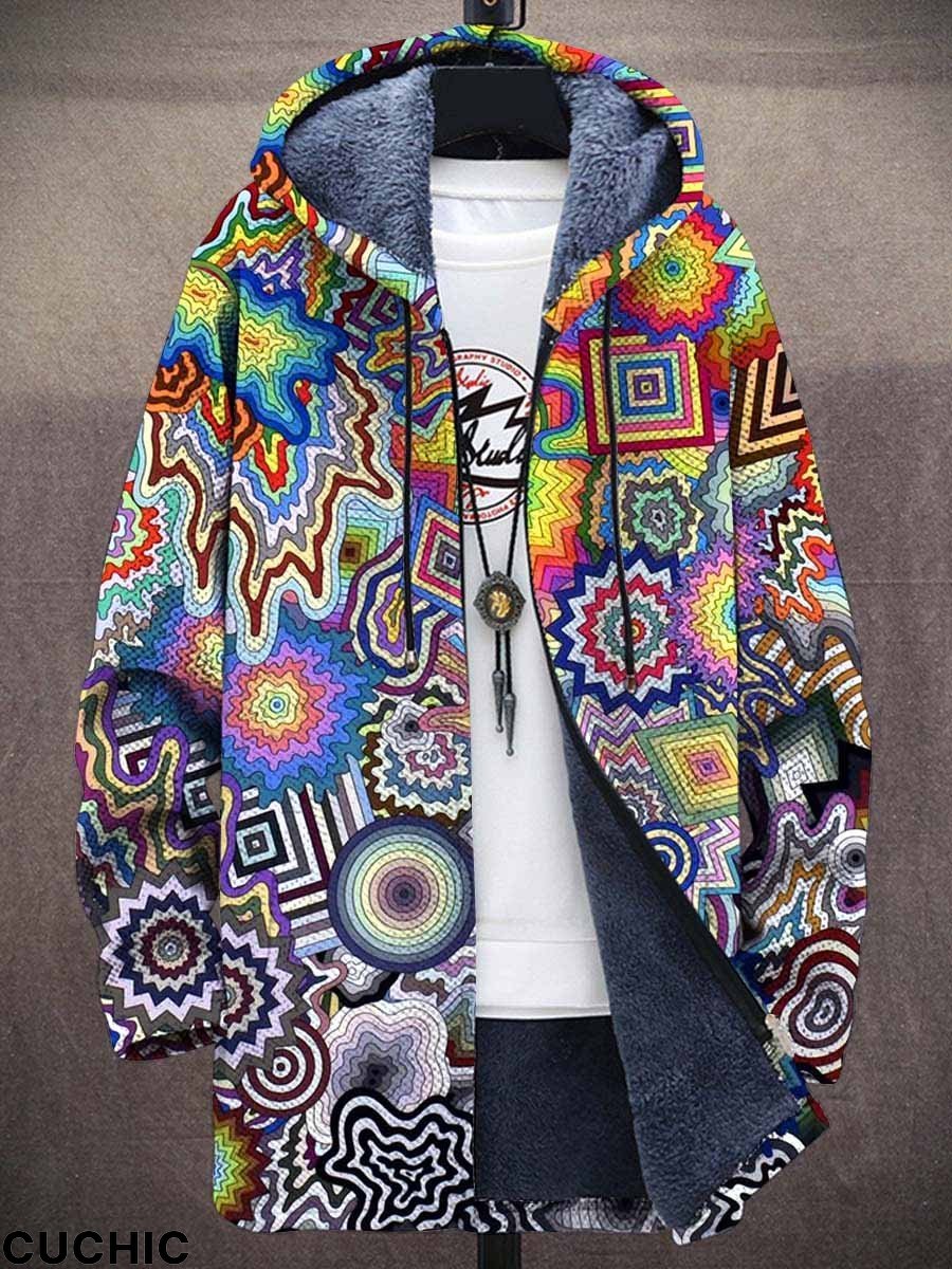 Men's Retro Waves Art Print Plush Thick Long-Sleeved Sweater Coat Cardigan