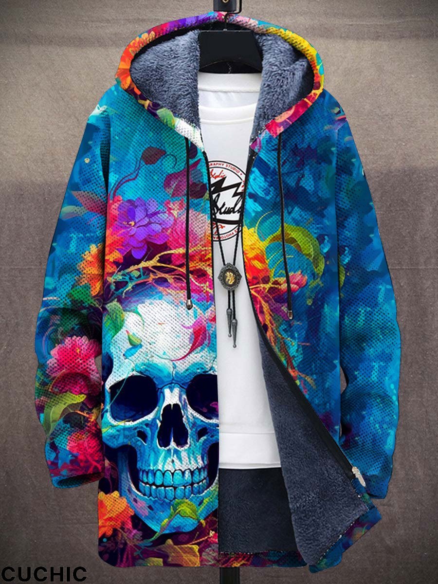 Multicolor Skull Print Plush Thick Long-Sleeved Sweater Cardigan Coat