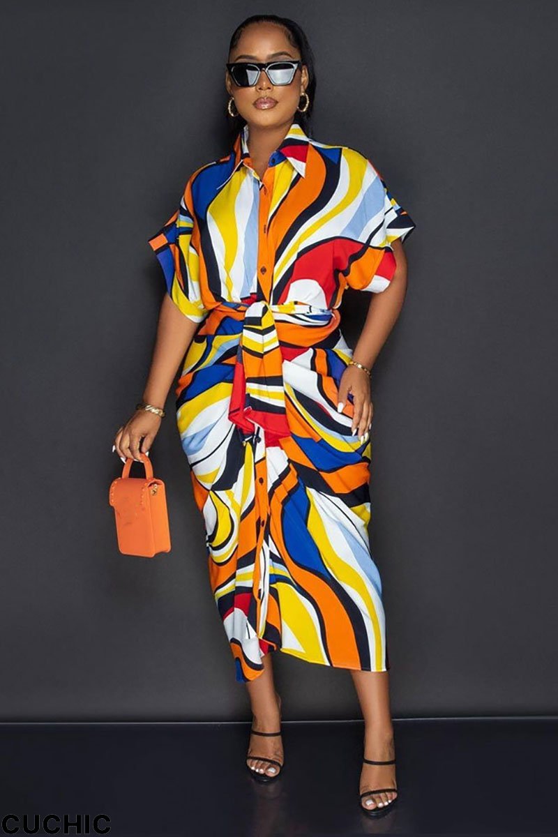 Pattern Print Button Up Half Sleeve Tie Up Bodycon Ruched Midi Dress