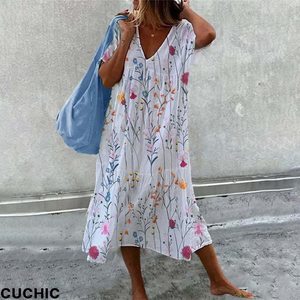 Pink Watercolor Short Sleeve White Midi Dress