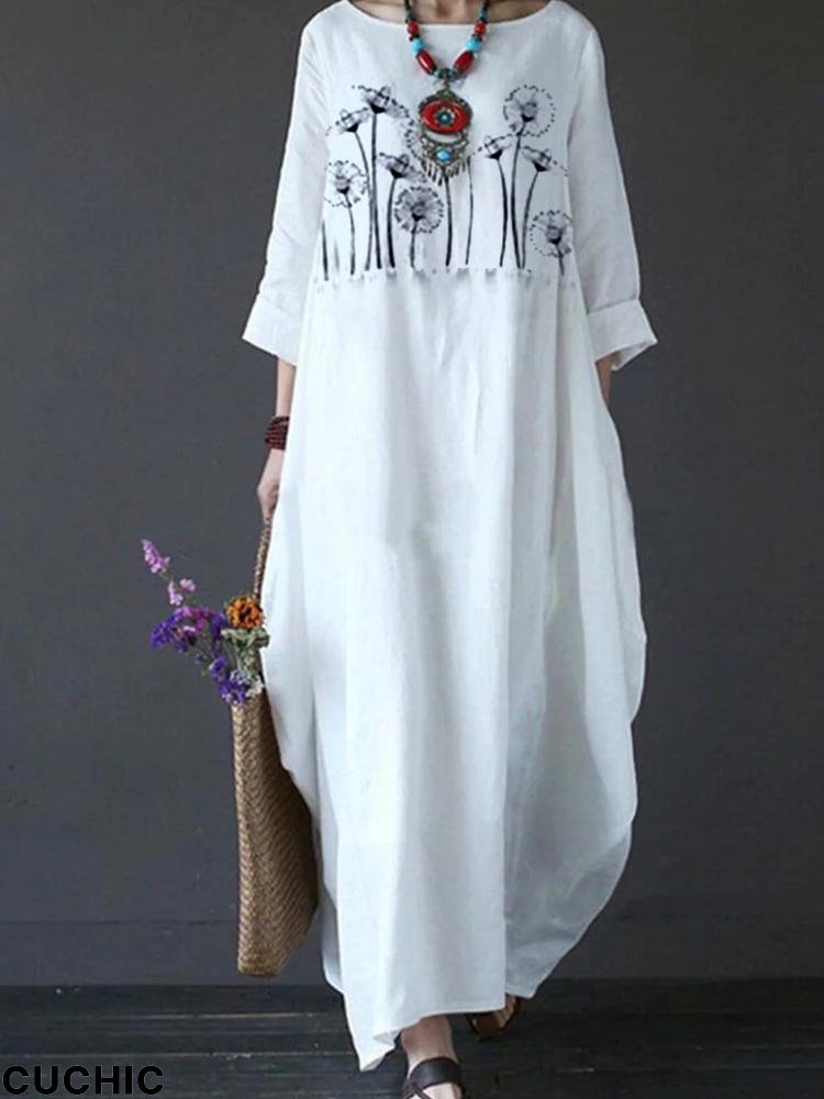 Plant Print Crew Neck Loose Maxi Dress