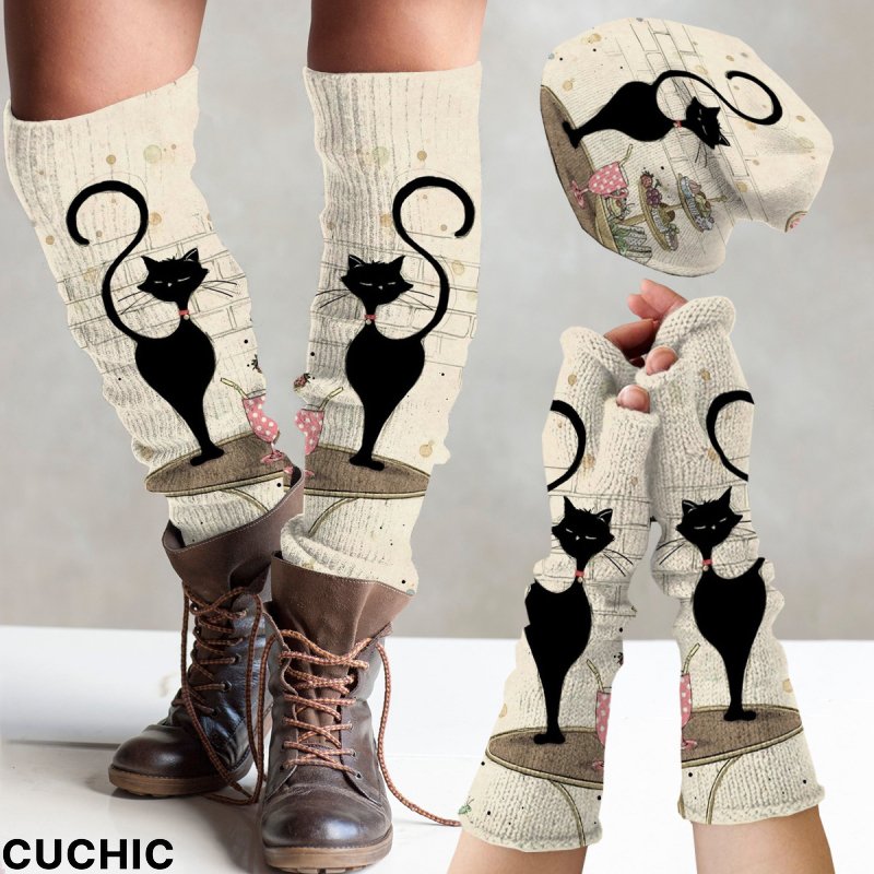 (Ship within 24 hours)Retro Animal Knitted Hat + Leg Warmers + Fingerless Gloves Set