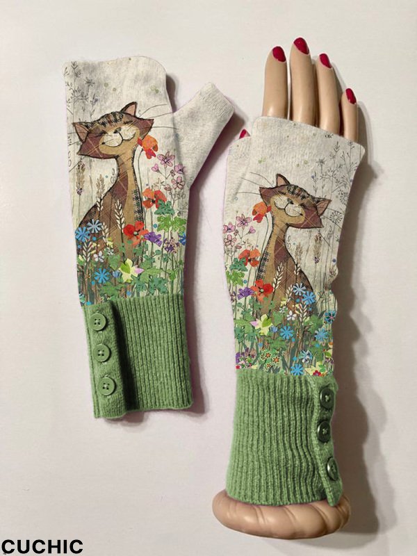 Retro cat casual print knit fingerless gloves