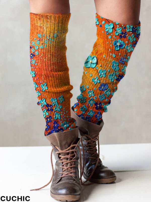 Retro floral print knit boot cuffs leg warmers