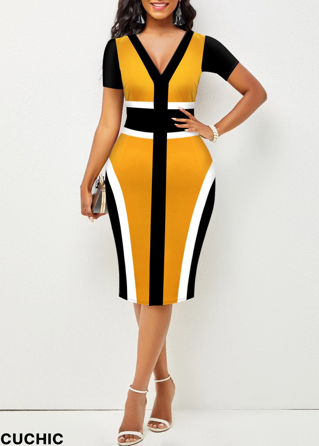 Short Sleeve Ginger Contrast V Neck Dress