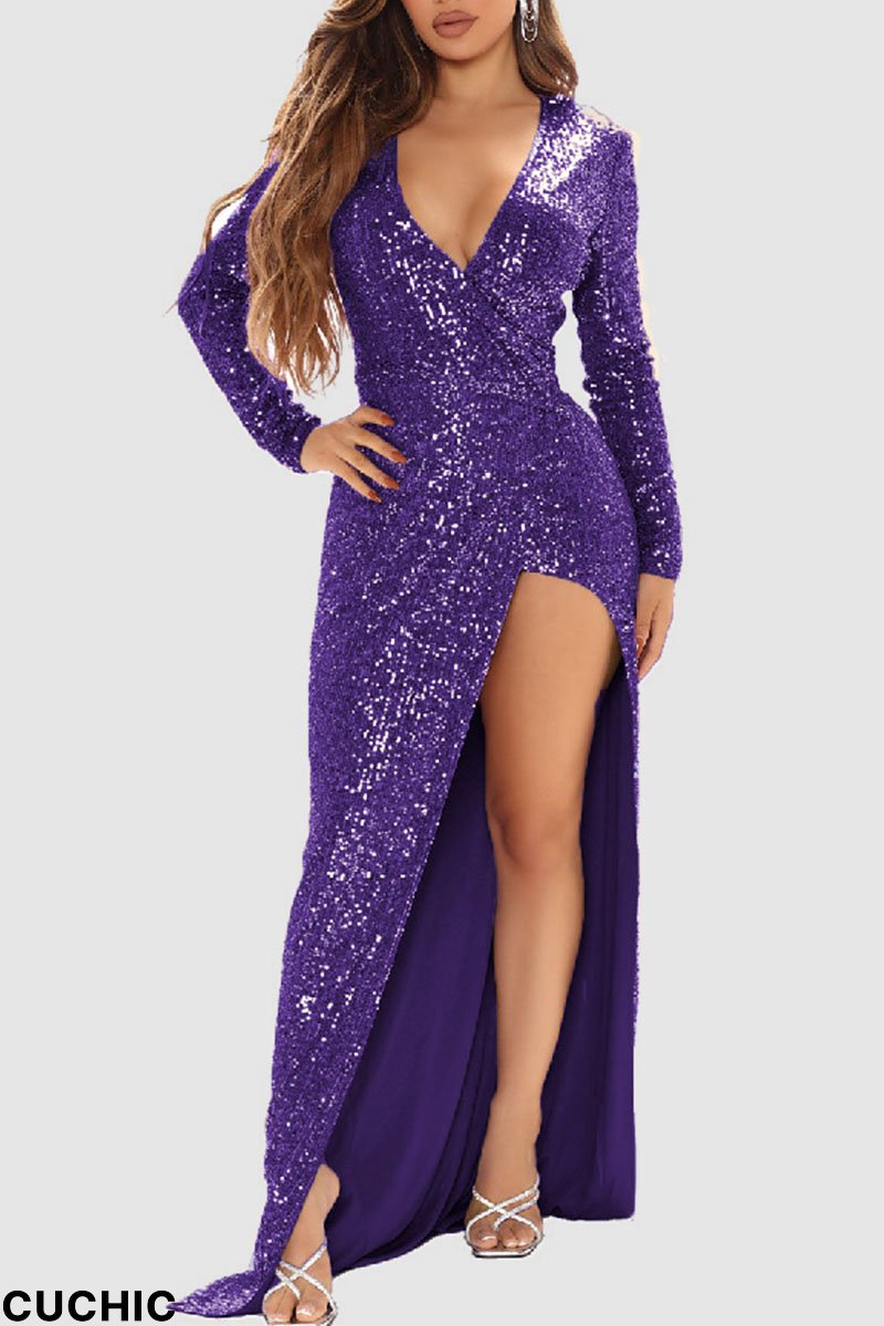 Purple Sexy Solid Sequins Patchwork Slit V Neck Evening Dress Dresses-CuChic
