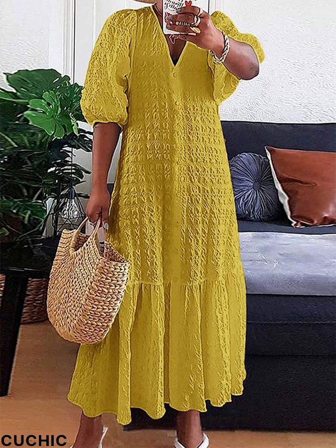 Solid V-Neck Button Pleated Casual Dress