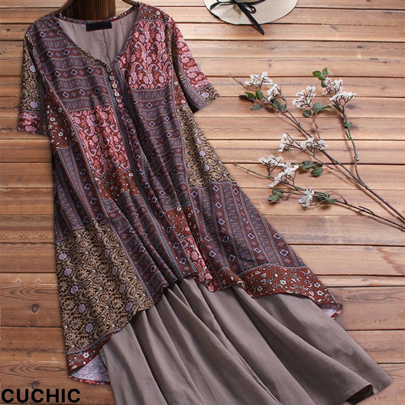Summer Loose Fashion Short-sleeved Cotton And Linen Print Plus Size Fake Two-piece Maxi Dress
