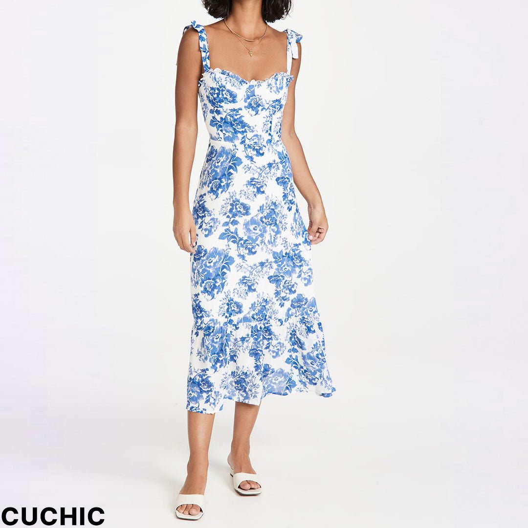 Summery Ruffle Trim Floral Printed Tie Strap Midi Sundress - Blue