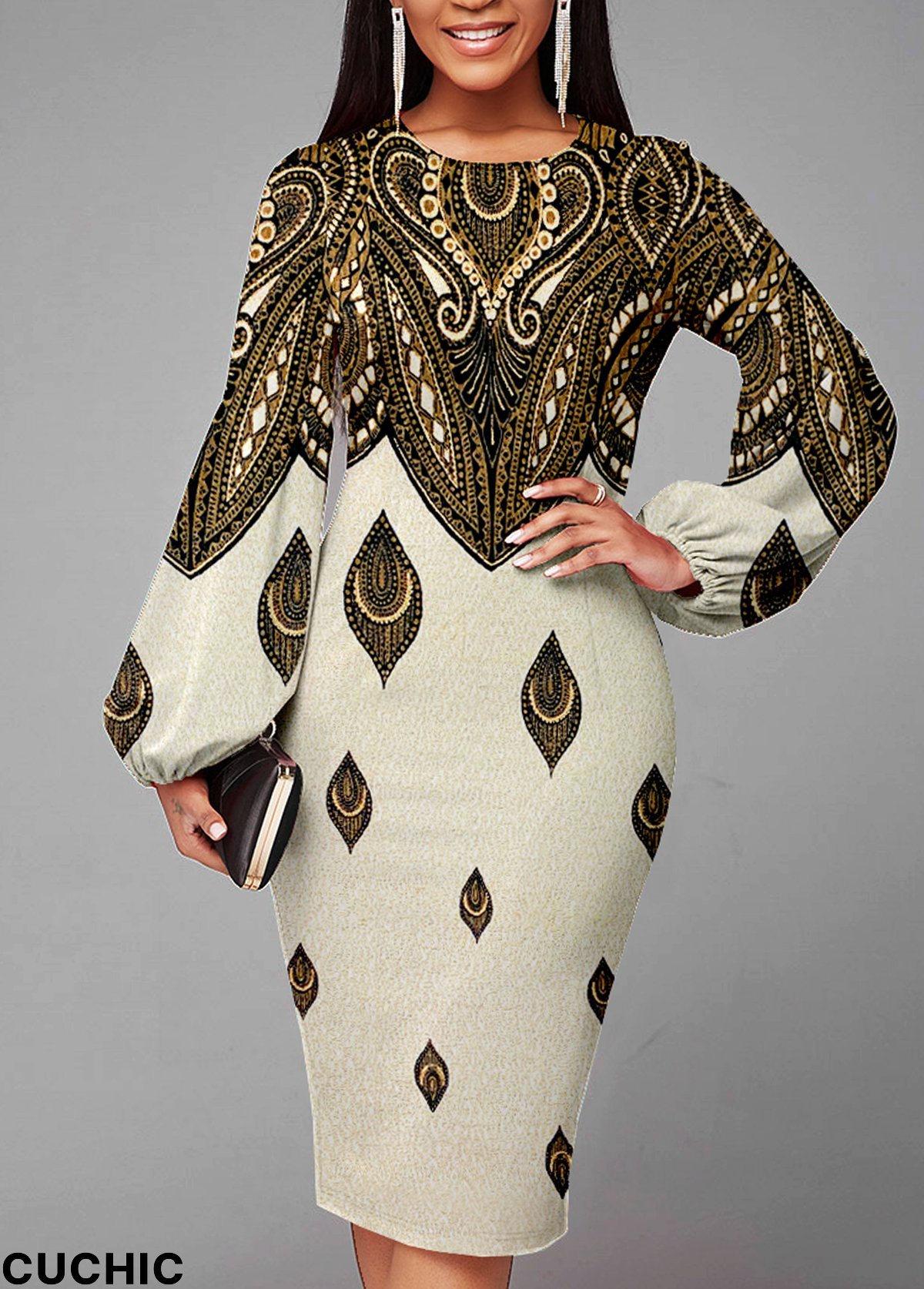 Texture Knitted Lantern Sleeve Foil Print Dress
