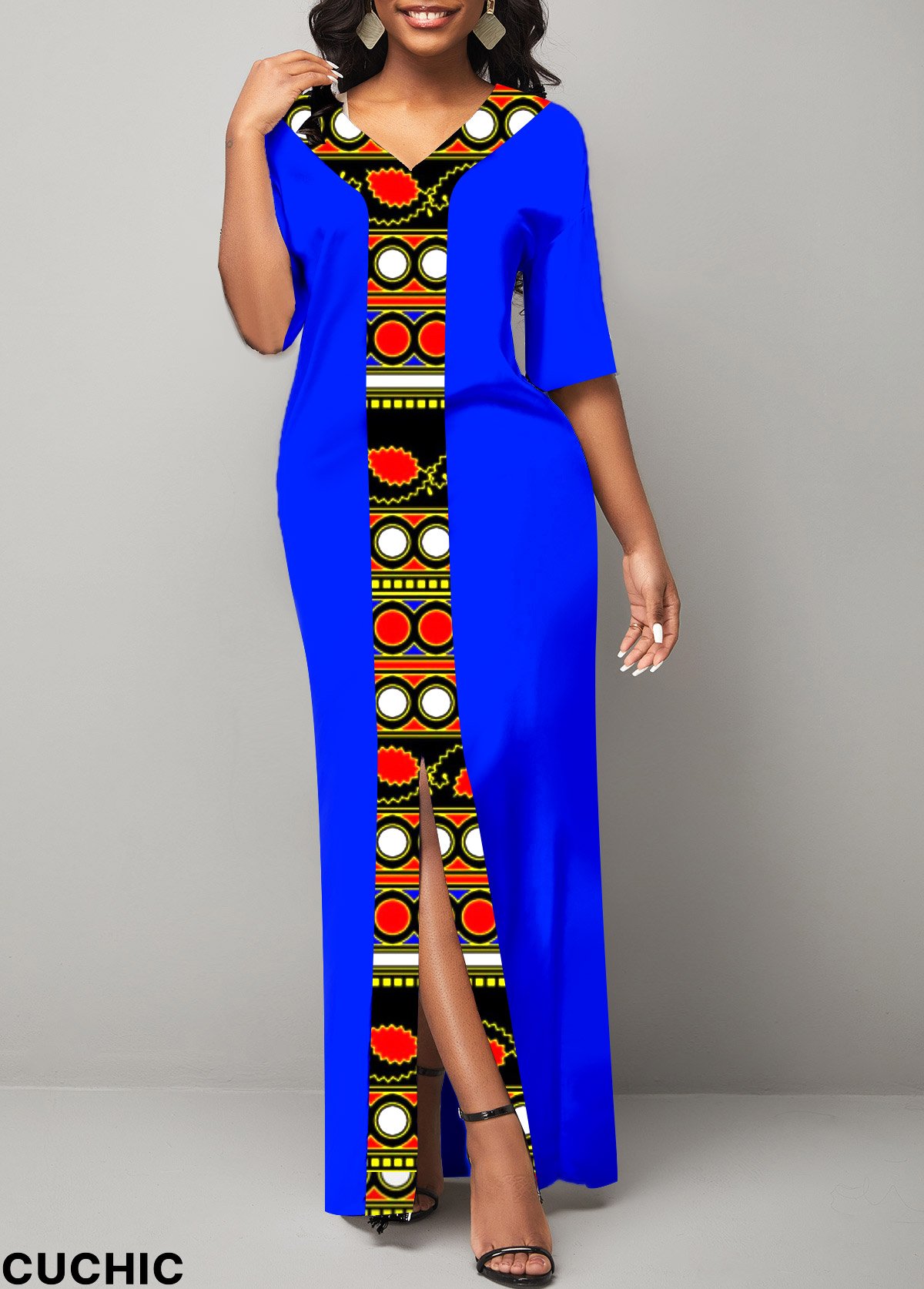 Tribal Print V Neck Royal Blue Maxi Dress