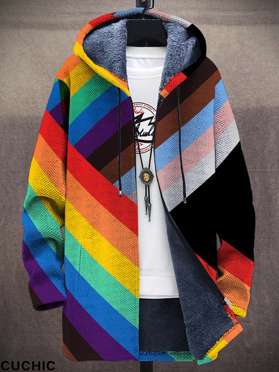 Unisex Plush Rainbow Pride Art Casual Print Thick Long-Sleeved Sweater Coat Cardigan
