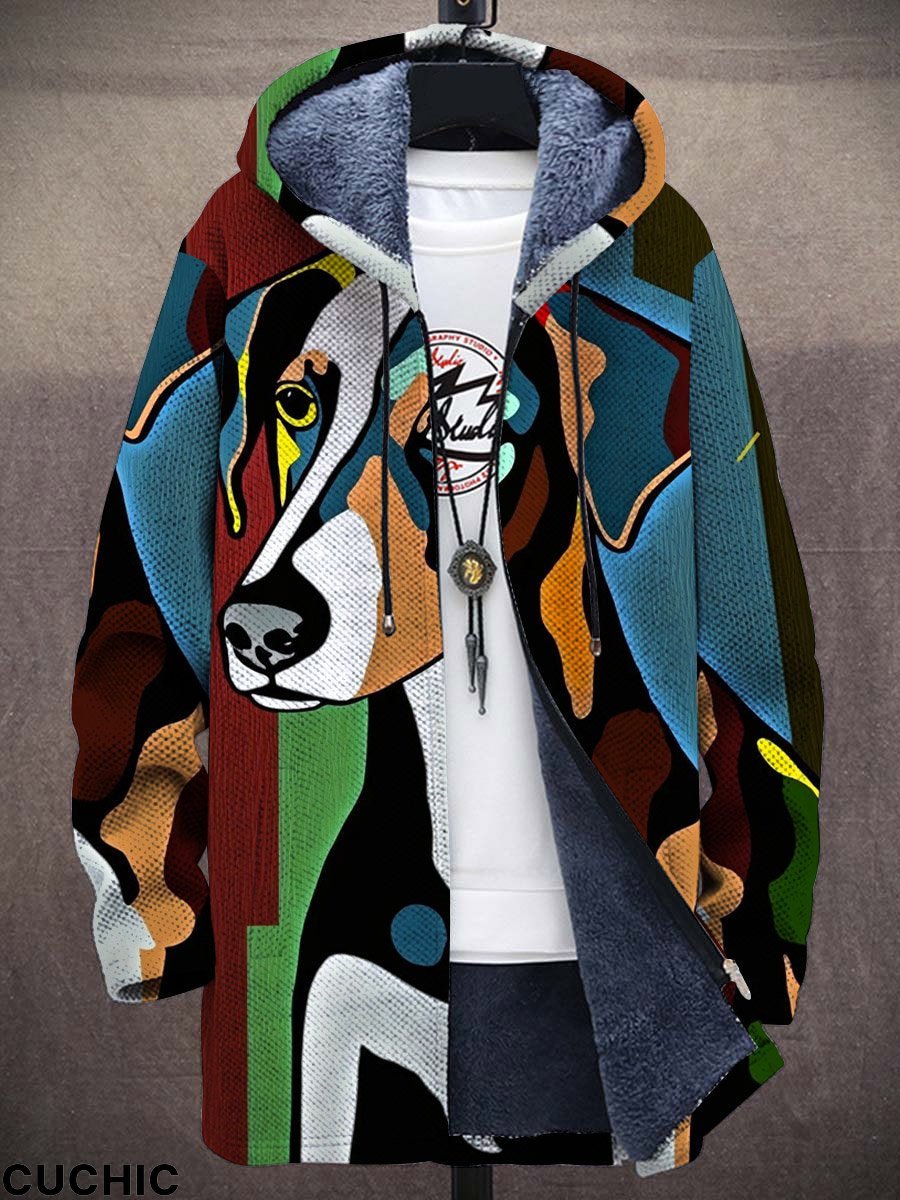 Unisex Retro Abstract Art Dog Plush Thick Long-Sleeved Sweater Cardigan Coat