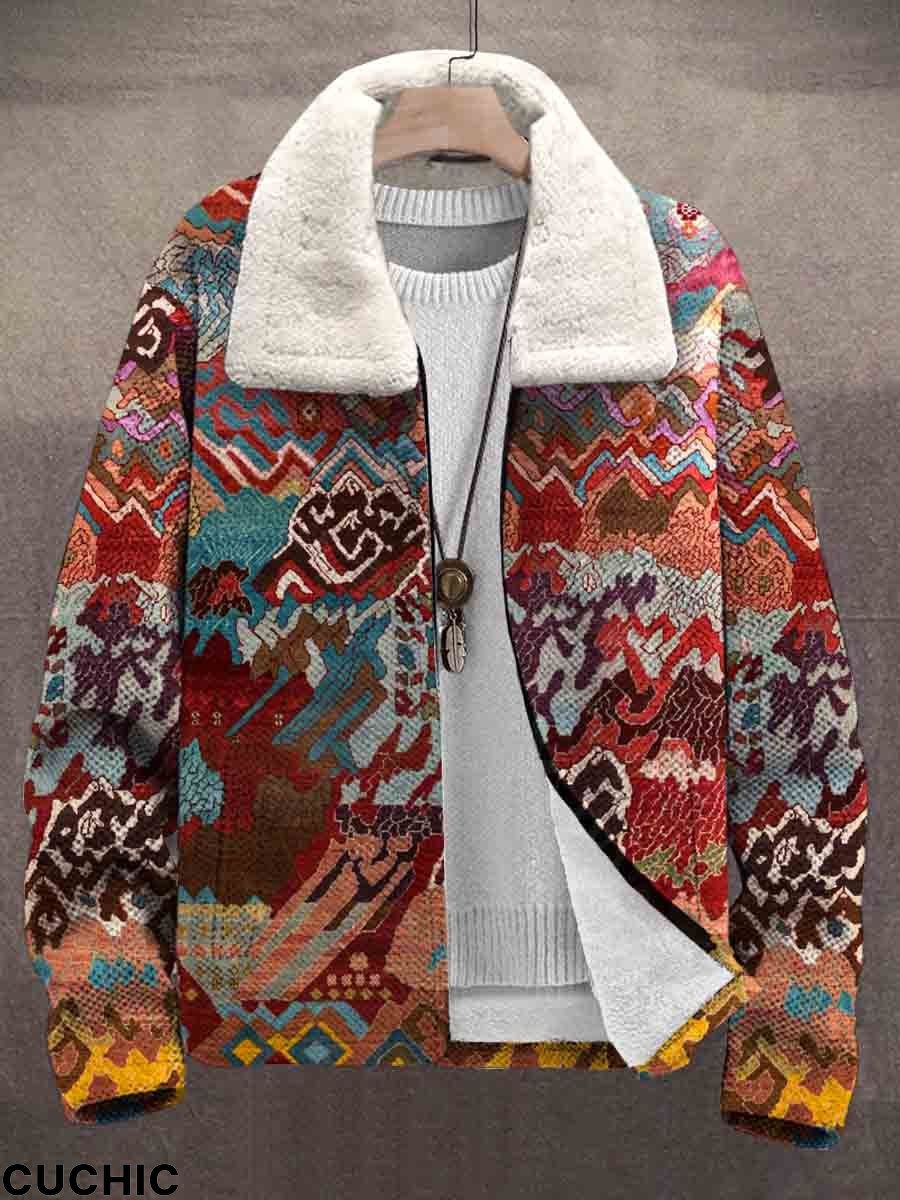 Vintage Art Print Unisex Plush Thick Fleece Collar Cardigan Jacket Coat