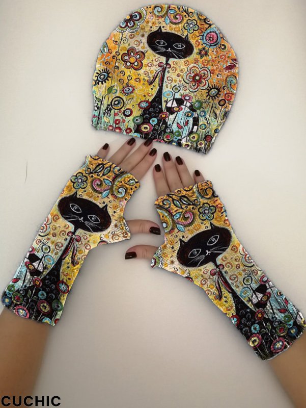 (Ship within 24 hours)Vintage cat print knitted hat + fingerless gloves set