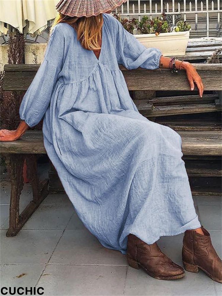 Vintage Pleated V Neck Maxi Dress