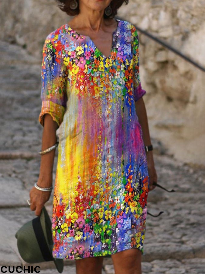 V Neck Vintage Flower Oil Painting Gradient Print Dress