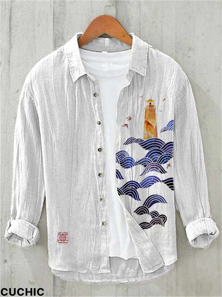 Waves Japanese Art Cozy Cotton Linen Shirt