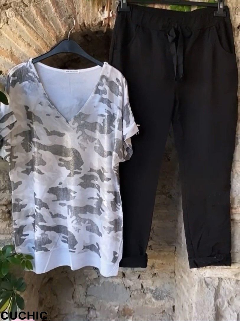 White-Black Abstract Short Sleeve Suits