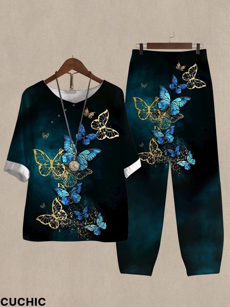 Women's Butterfly Pattern Print Half Sleeve Top And Casual Pants Linen Two Pieces