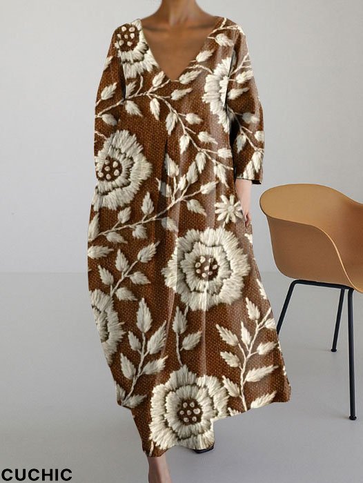Women's Casual Floral V Neck Long Sleeve Dress