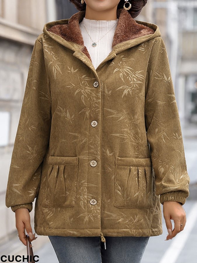 Women's Casual Printed Corduroy Padded Fleece Hooded Jacket
