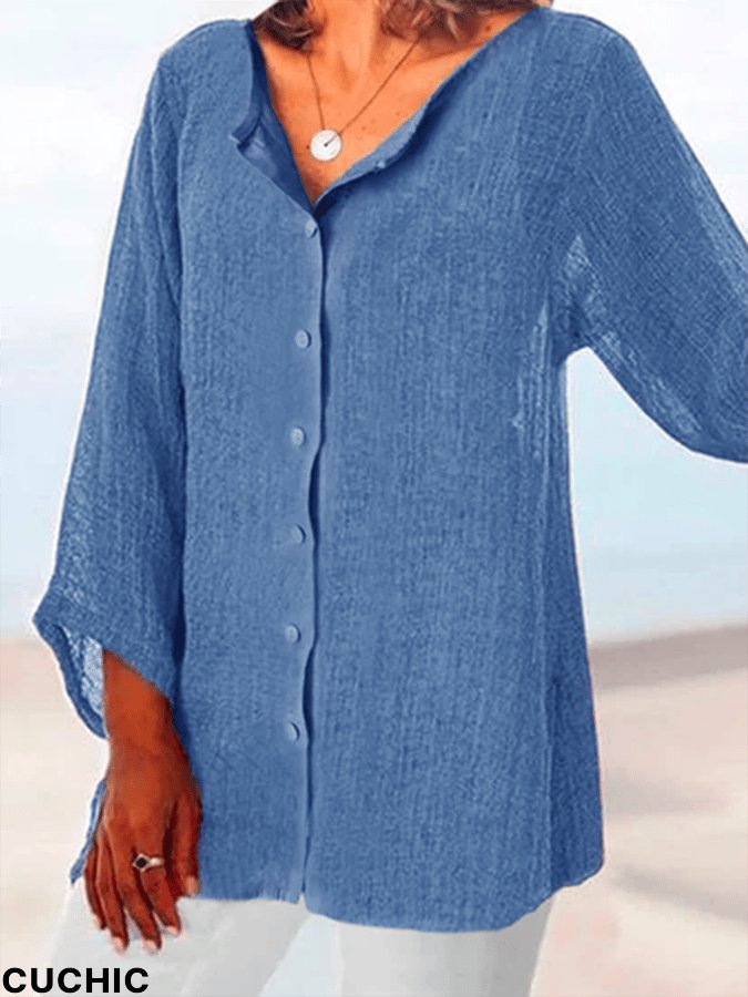 Women's Casual Round Neck Button Design Solid Color Top