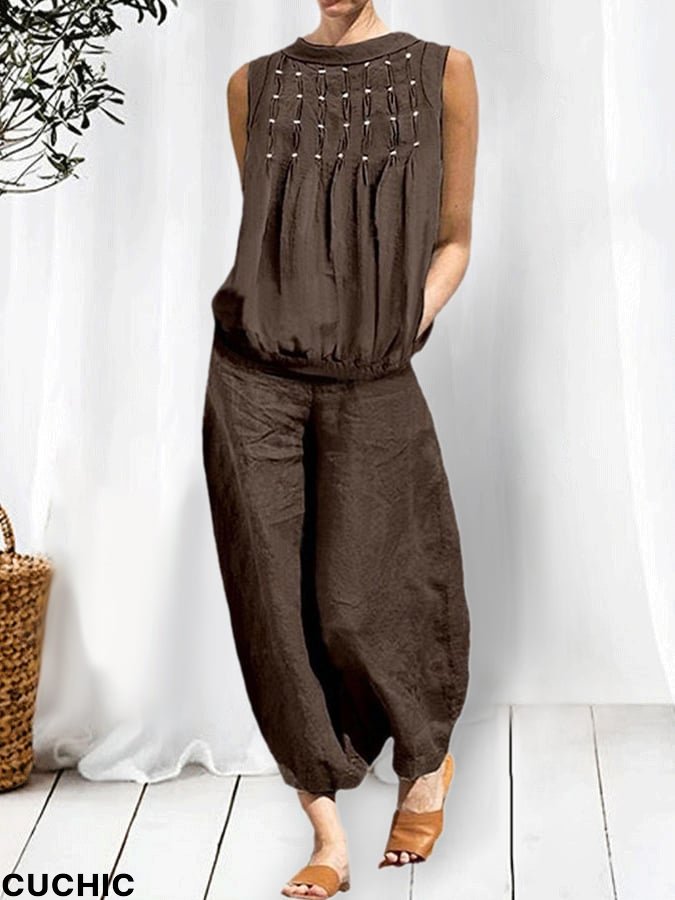 Women'S Cotton And Linen Casual Two-Piece Set