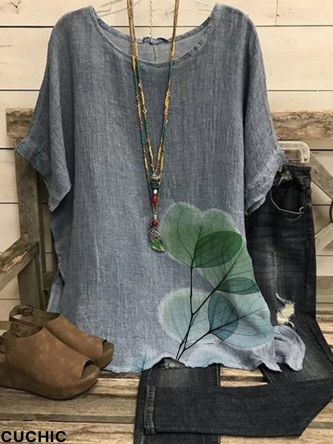 Women's Cotton Linen Floral Loose Casual T-Shirt
