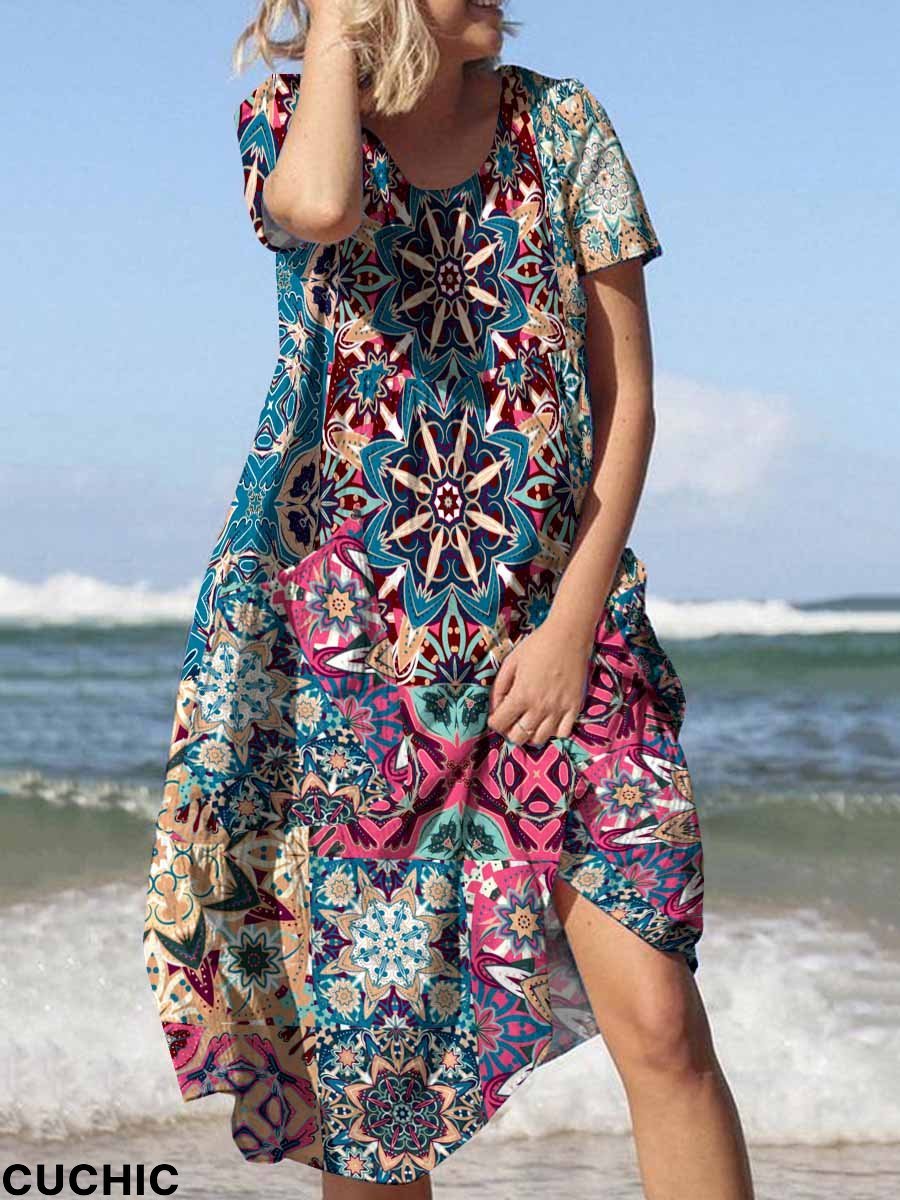 Women's Crew Neck Beach Resort Bohemian Graphic Print Flowing Pocket Dress