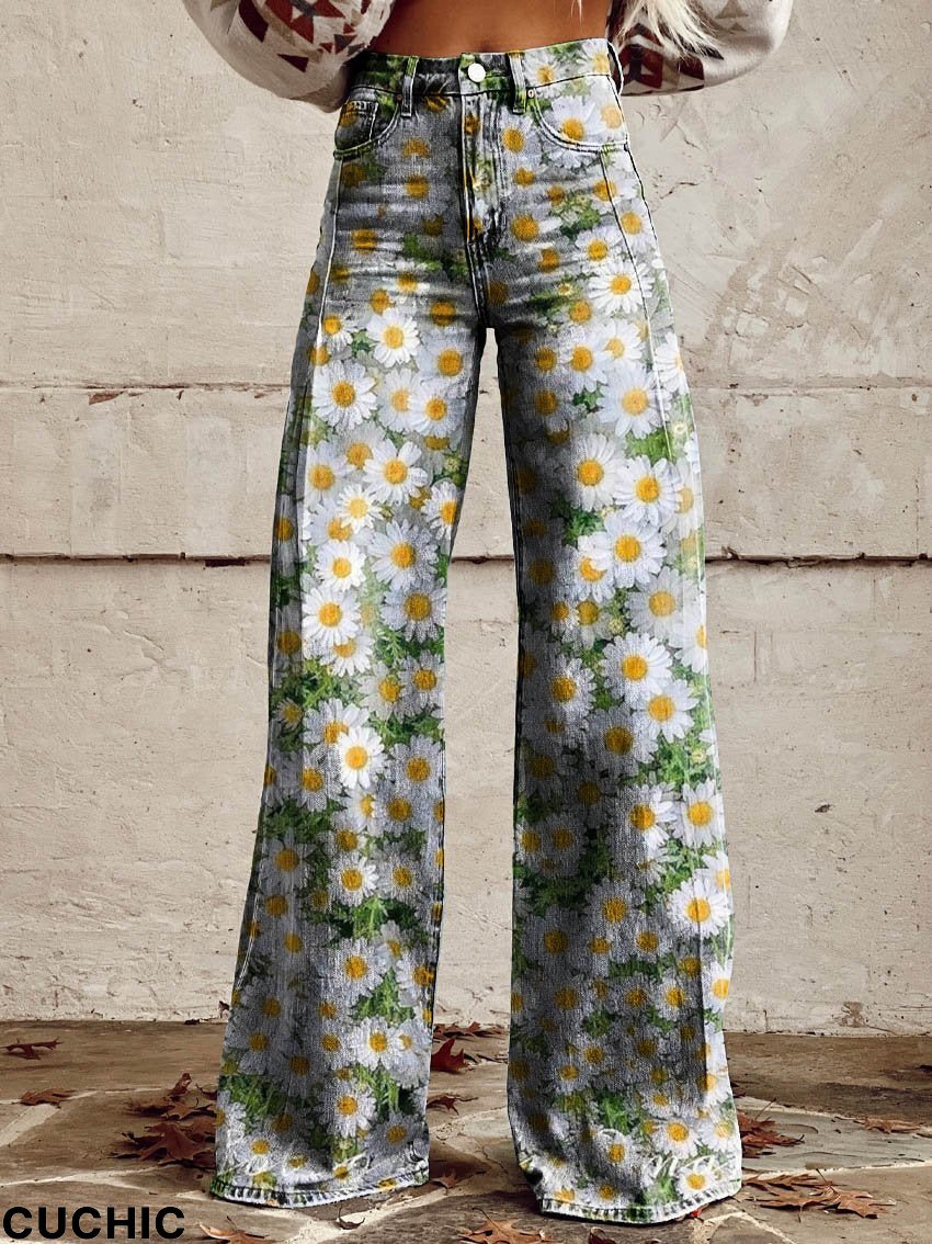 Women's Daisy Print Casual Wide Leg Pants