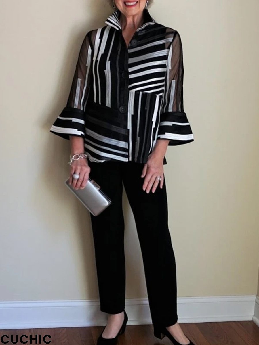 Women's Elegant Mixed Striped Shirt And Pants Suit