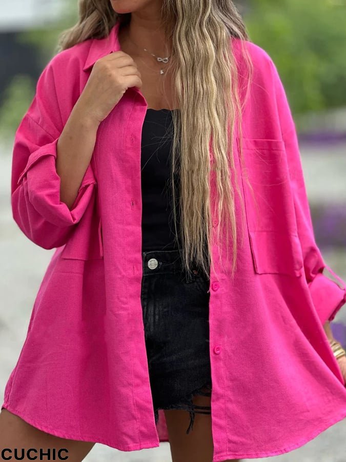Women's Fashionable Loose Mid-Length Solid Color Pocket Design Long-Sleeved Shirt