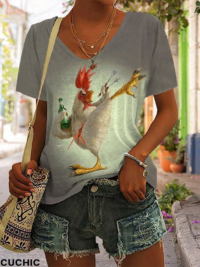Women's Funny Beer Chicken Print V-Neck T-Shirt