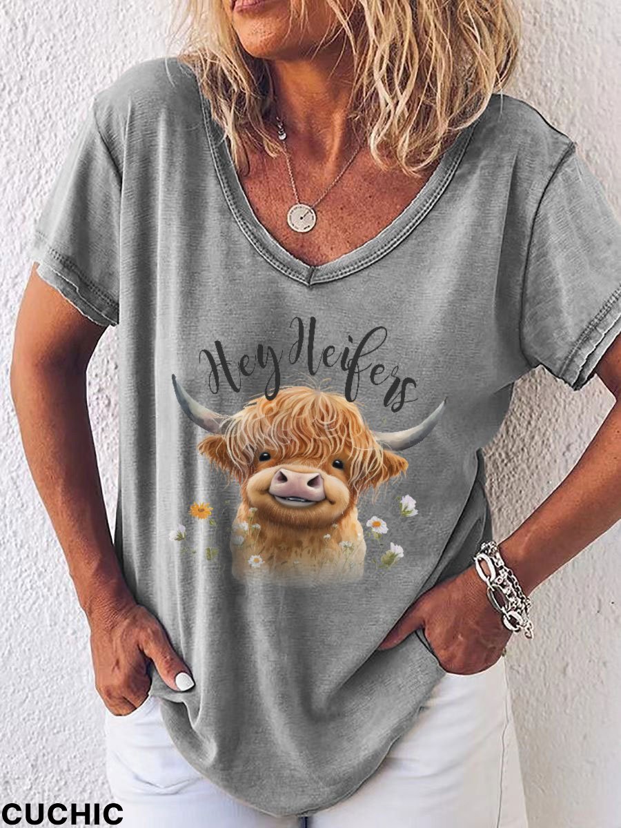 Women's Highland Cow Hey Heifers Print V-Neck T-Shirt