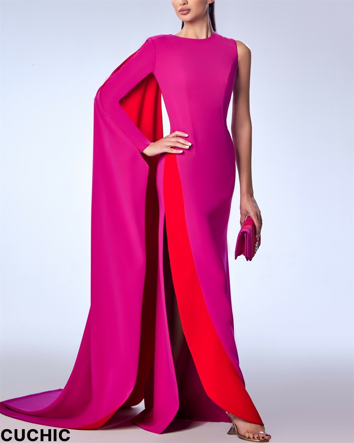 Women's One Shoulder Sleeve Stitching Color Slit Dress - 01