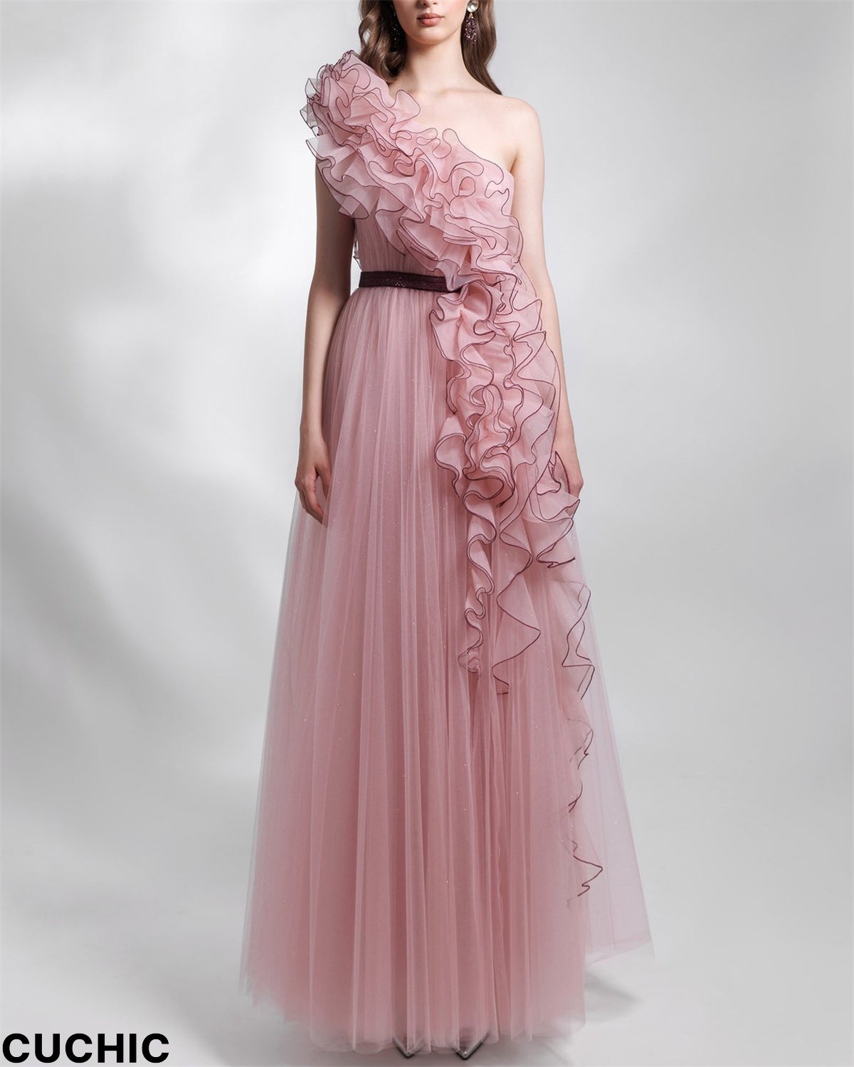 Women's Pink Off-the-shoulder Ruffled Mesh Dress