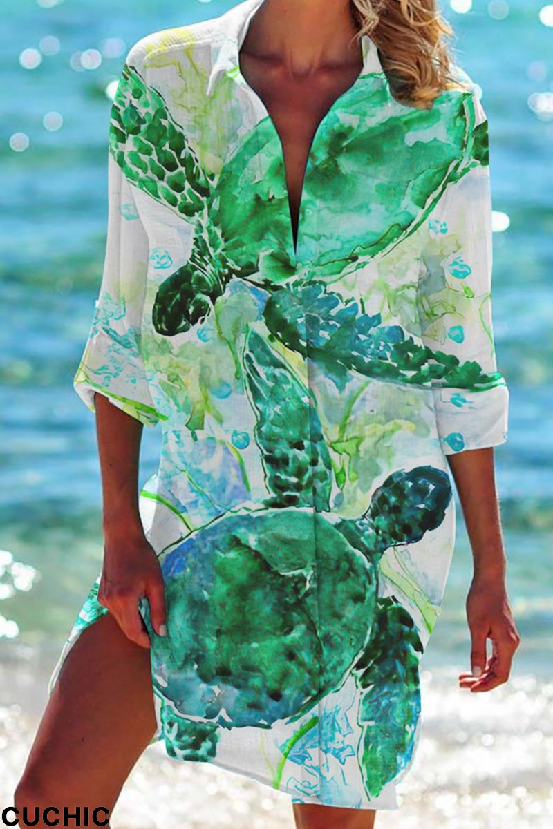 Green Casual Print Patchwork Buckle Turndown Collar Tops-CuChic