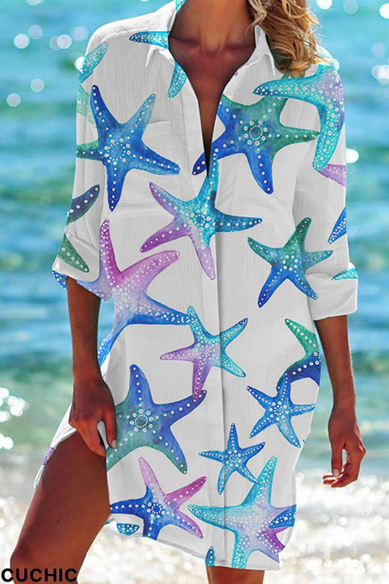 White Blue Casual Print Patchwork Buckle Turndown Collar Tops-CuChic