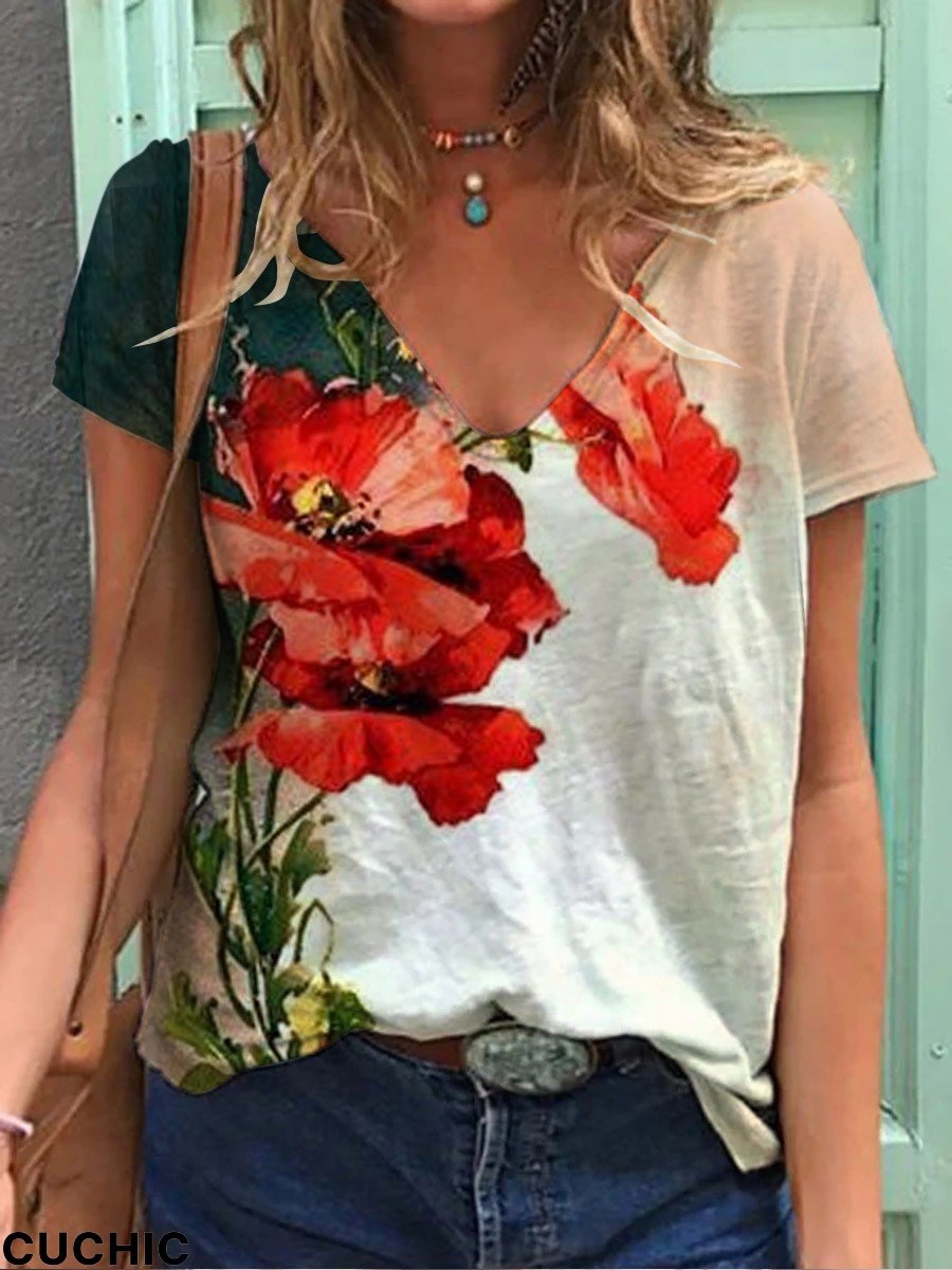 Women's Poppy Flower Print V-Neck T-Shirt