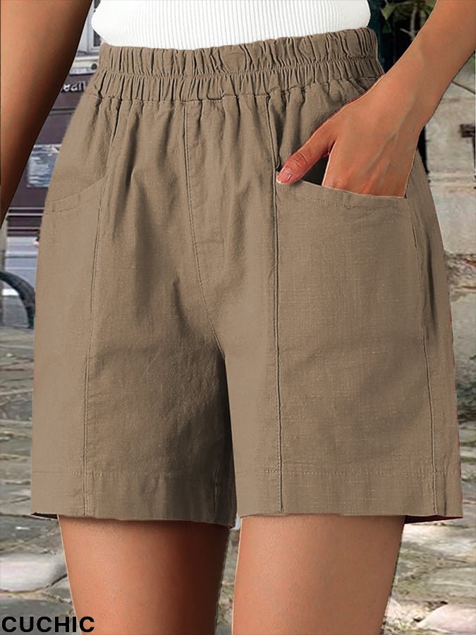 Women's Solid Color Simple Double Pocket Casual Shorts