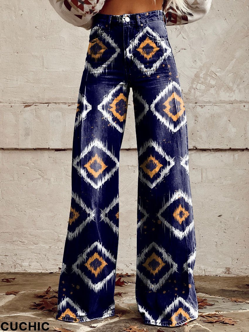 Women's Vintage Print Casual Wide Leg Pants