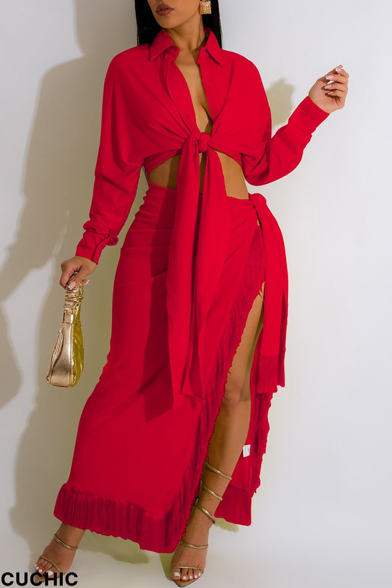Red Casual Solid Frenulum Slit Turndown Collar Long Sleeve Two Pieces-CuChic