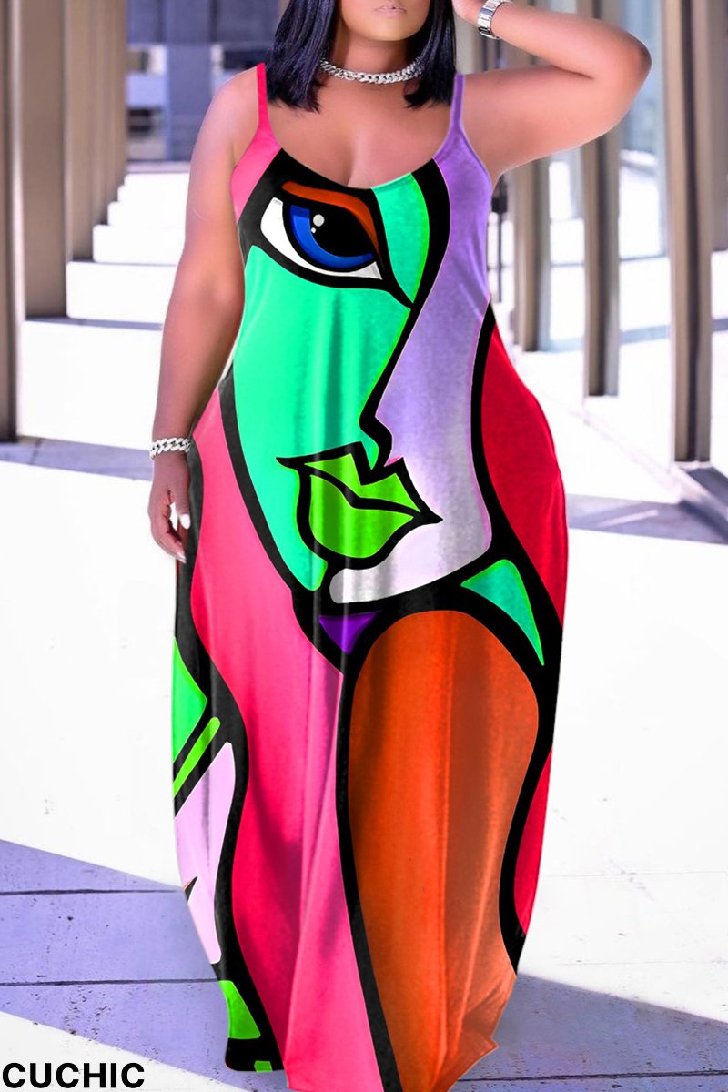Cyan Sexy Casual Print Backless Spaghetti Strap Long Dress Dresses-CuChic