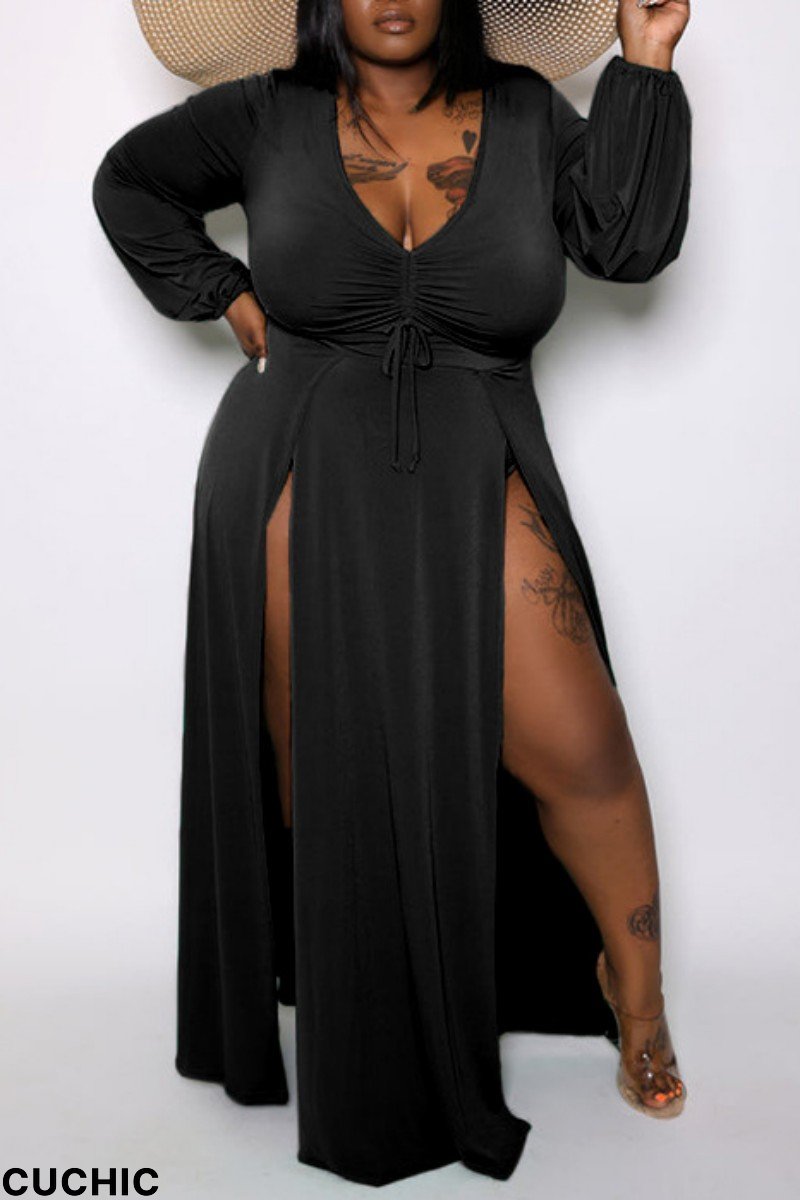 Black Casual Solid Slit V Neck Long Sleeve Plus Size Rompers-CuChic