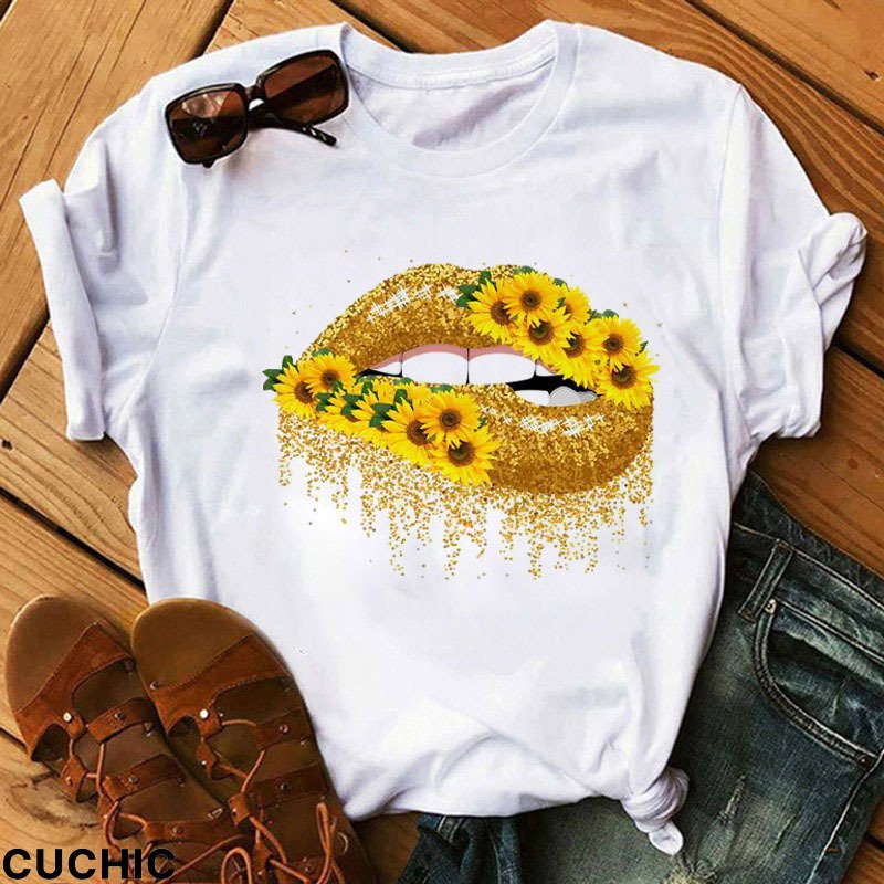 Gold Casual Lips Printed Basic O Neck T-Shirts-CuChic