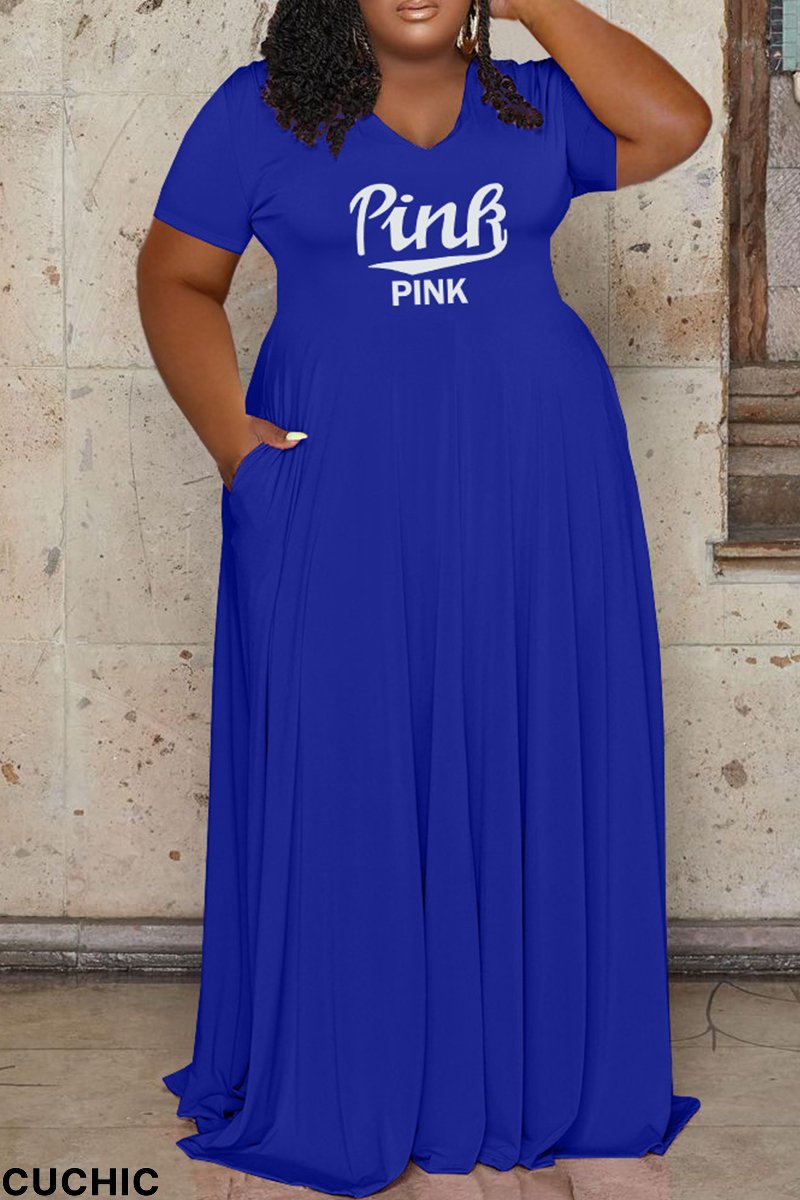 Blue Fashion Casual Plus Size Letter Print Patchwork V Neck Short Sleeve Dress-CuChic